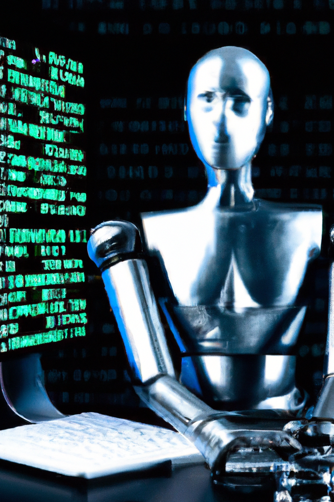 A humanoid robot sitting in front of a computer screen, with a matrix of cryptocurrency data flowing in the background.